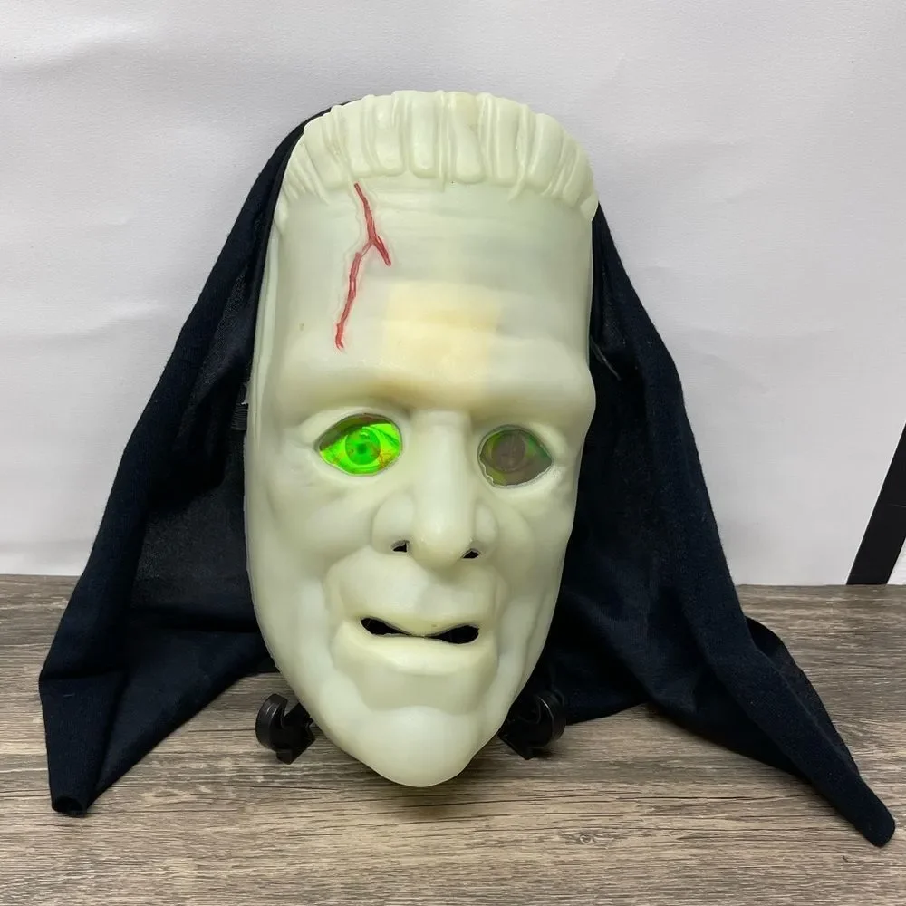 Vintage Glow-in-the-Dark Frankenstein Mask wHood & Light-Up Green Eyes Halloween